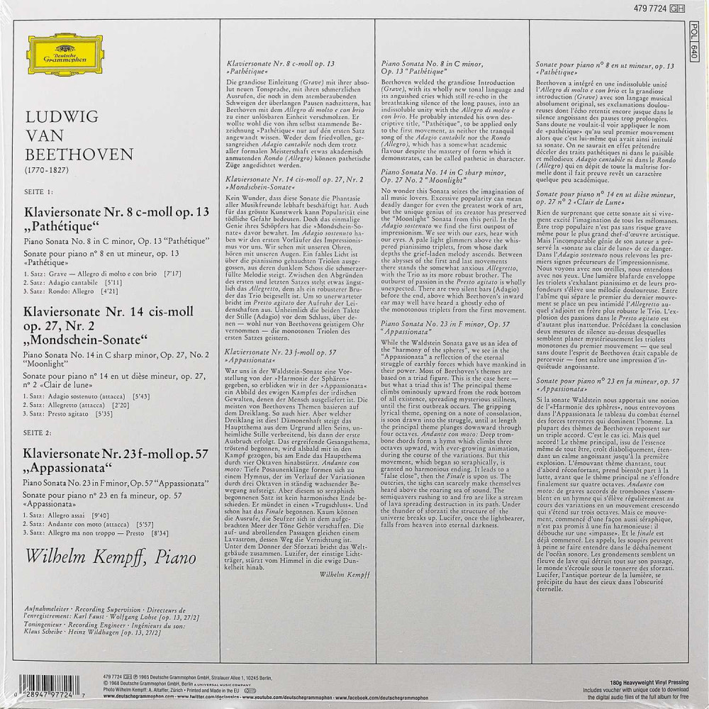 Wilhelm Kempff, Beethoven: Piano Sonatas (Nr. 8  Nr. 14  Nr. 23) (LP)