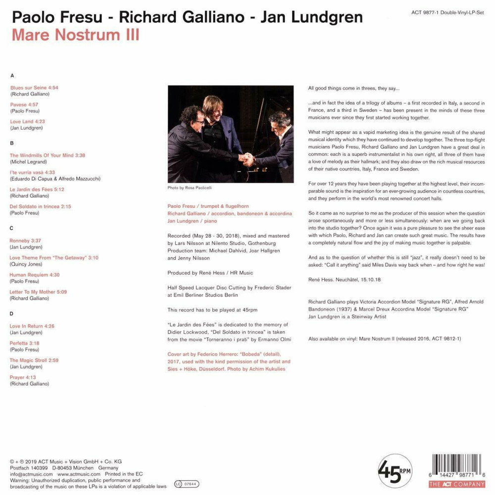 Paolo Fresu - Richard Galliano - Jan Lundgren – Mare Nostrum III (2LP)