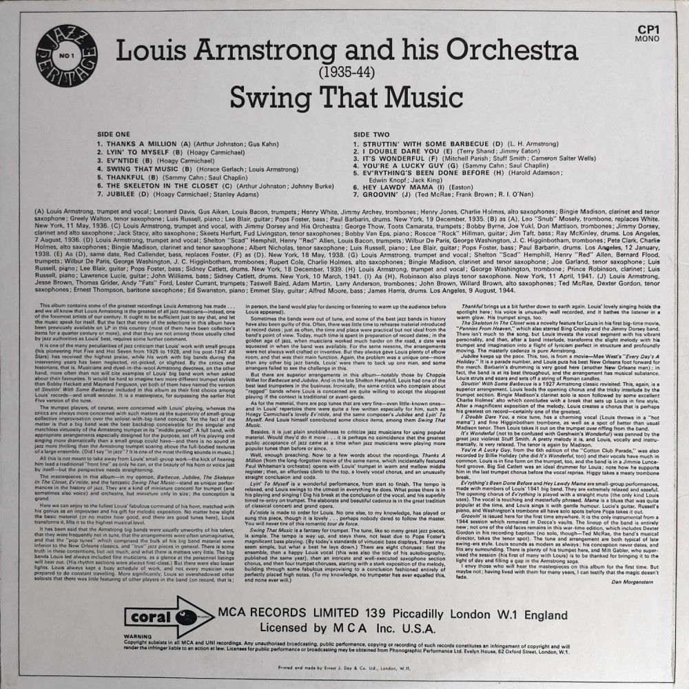 Louis Armstrong And His Orchestra – (1935-44) - Swing That Music (LP)