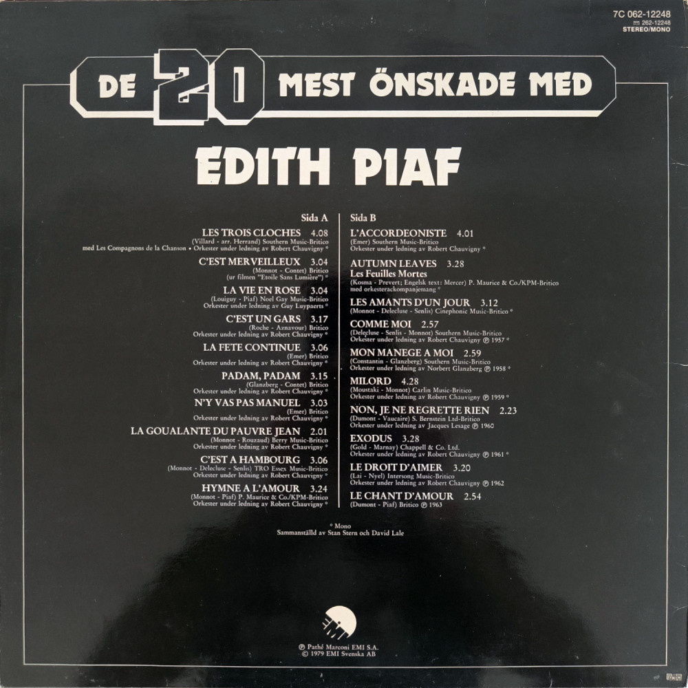 Edith Piaf ‎– De 20 Mest Önskade Med Edith Piaf (LP)