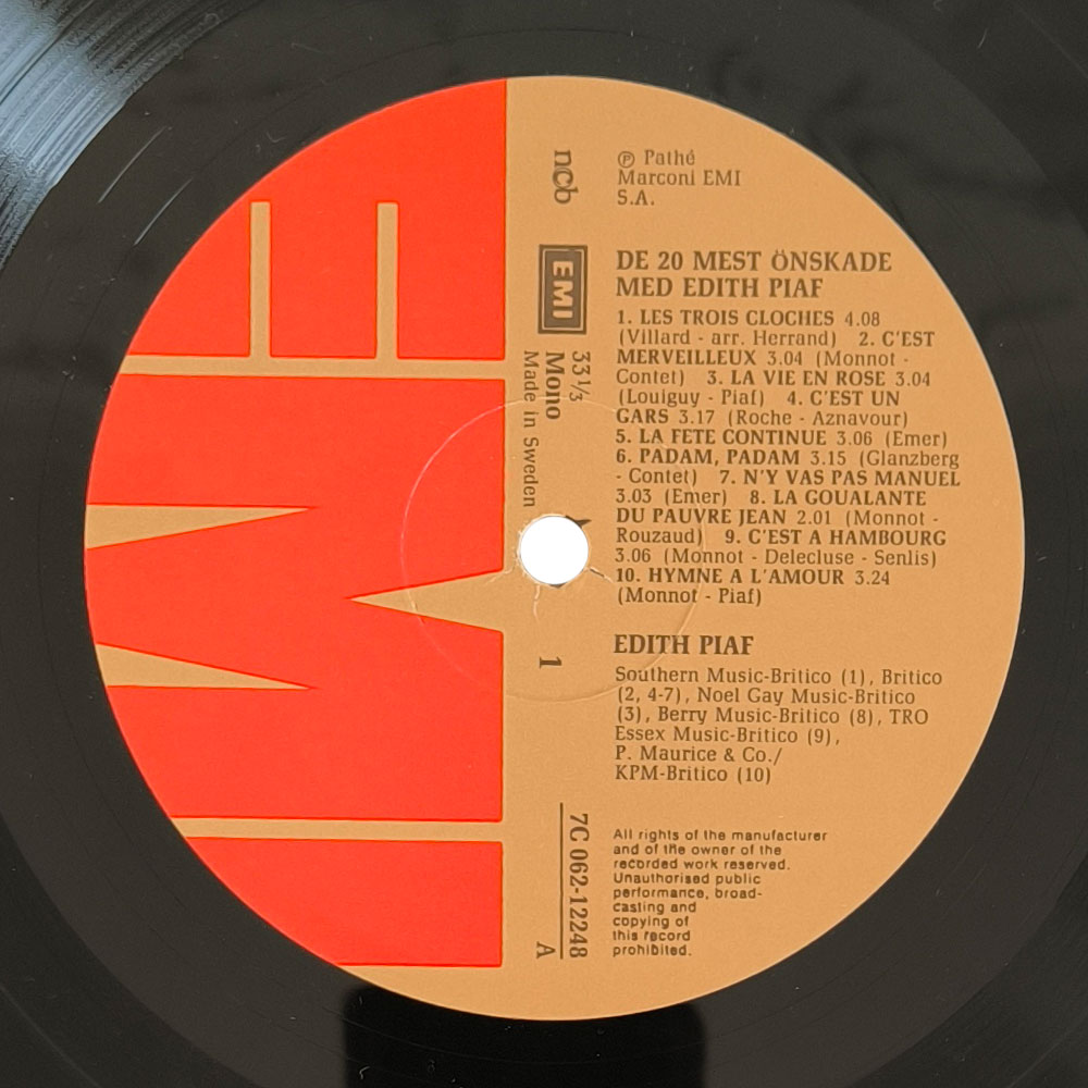 Edith Piaf ‎– De 20 Mest Önskade Med Edith Piaf (LP)