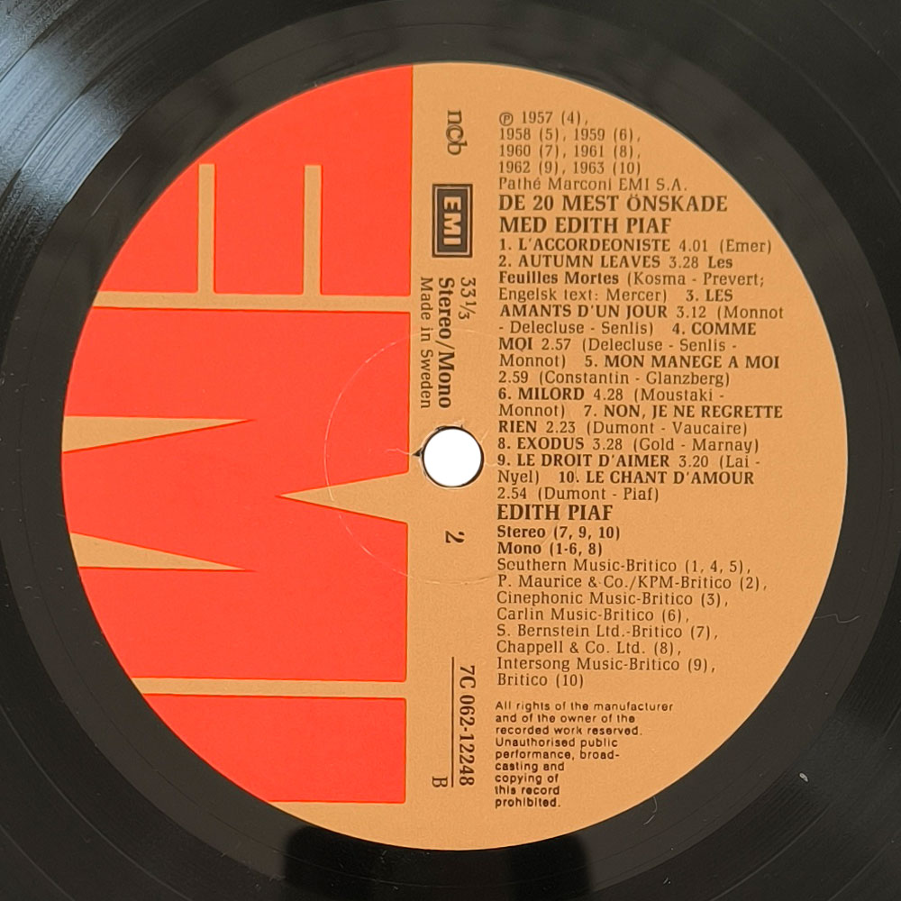 Edith Piaf ‎– De 20 Mest Önskade Med Edith Piaf (LP)