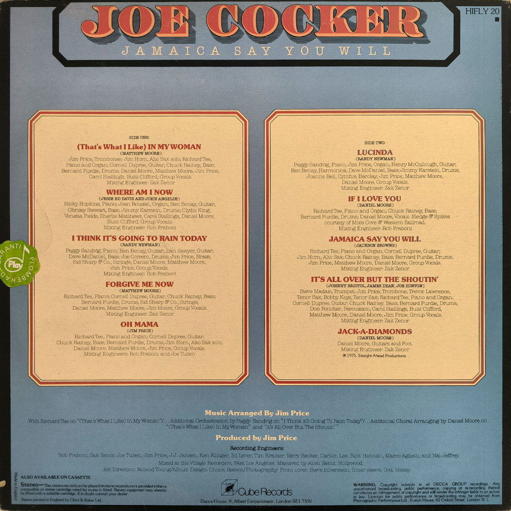 Joe Cocker - Jamaica Say You Will (LP)