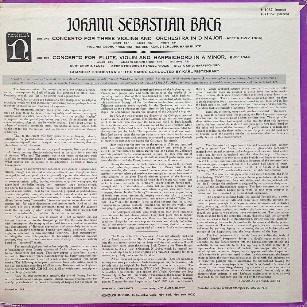 Johann Sebastian Bach - Concerto for Three Violins and Orchestra in D-Major AND Concerto for Flute, Violin, and Harpsichord in A-Minor (Karl Ristenpart, Chamber Orchestra of the Sarre) (LP)