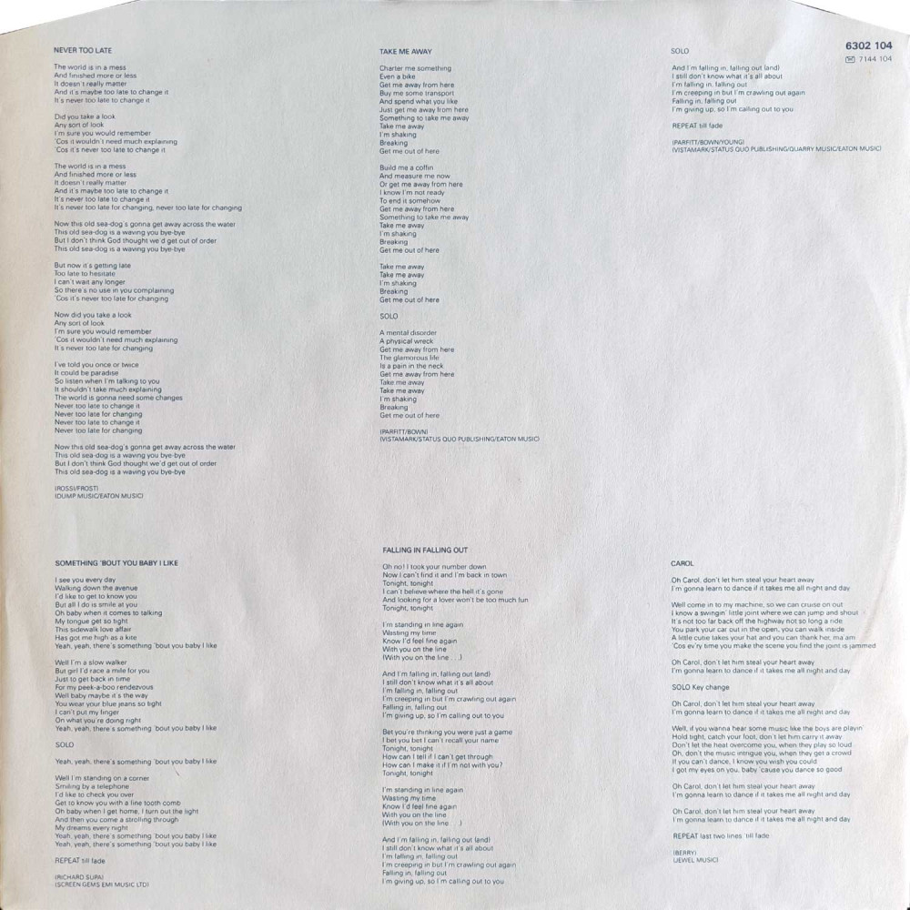 Status Quo - Never Too Late (LP)