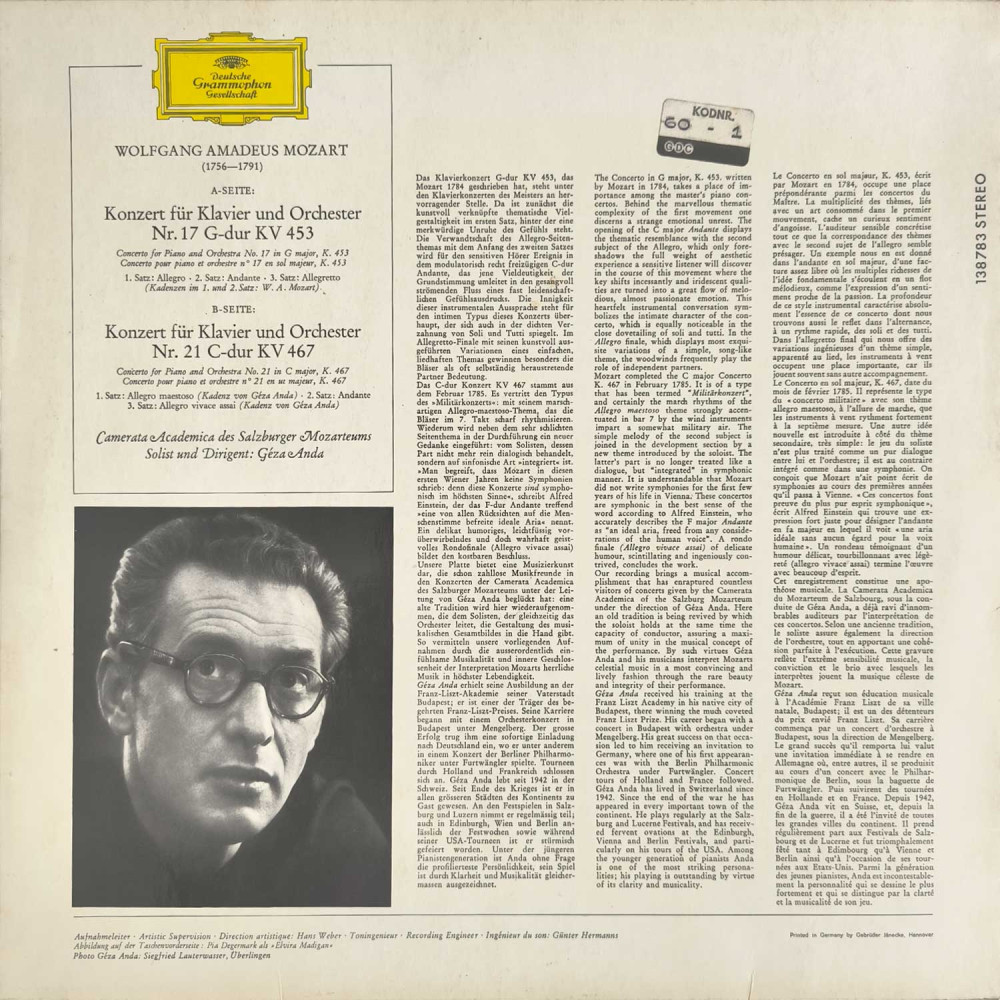 Mozart / Camerata Academica Of The Salzburger Mozarteum , Soloist And Conductor Géza Anda ‎– Piano Concertos No. 17, G Major, KV 453, No. 21, C Major, KV 467 (LP)
