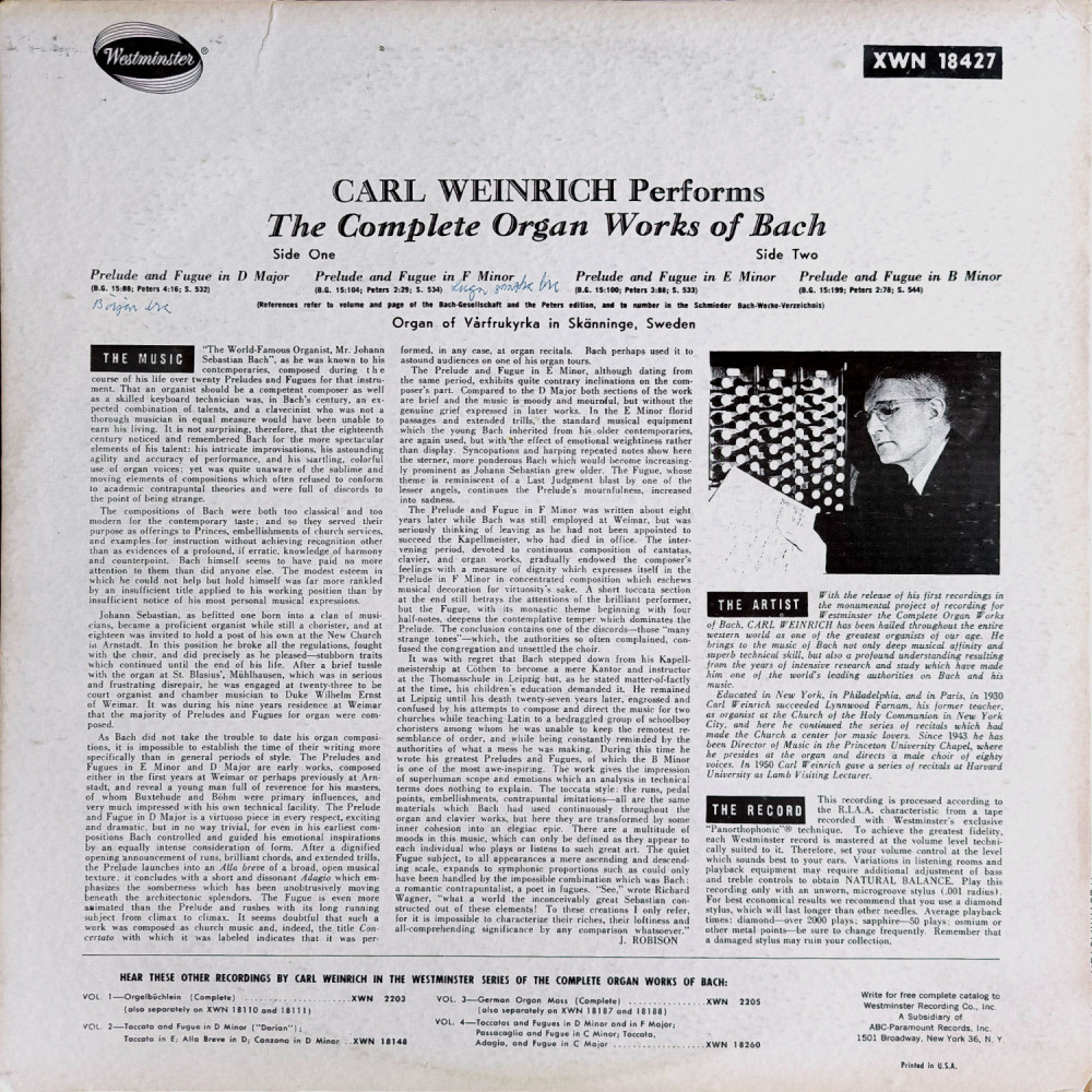 J. S. Bach - Weinrich – The Complete Organ Works Of Bach, Vol. 5 (LP)
