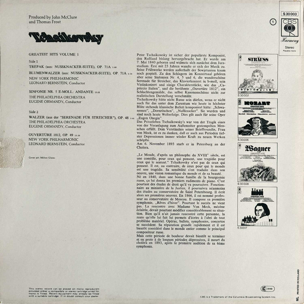 Bernstein - New York Philharmonic, Ormandy - Philadelphia Orchestra - Tchaikovsky's Greatest's Hits (Vol. 1) (LP)