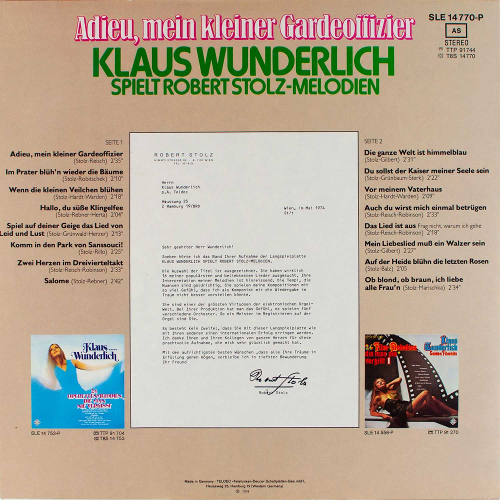 Klaus Wunderlich – Adieu, Mein Kleiner Gardeoffizier - Klaus Wunderlich Spielt Robert Stolz-Melodien (LP)