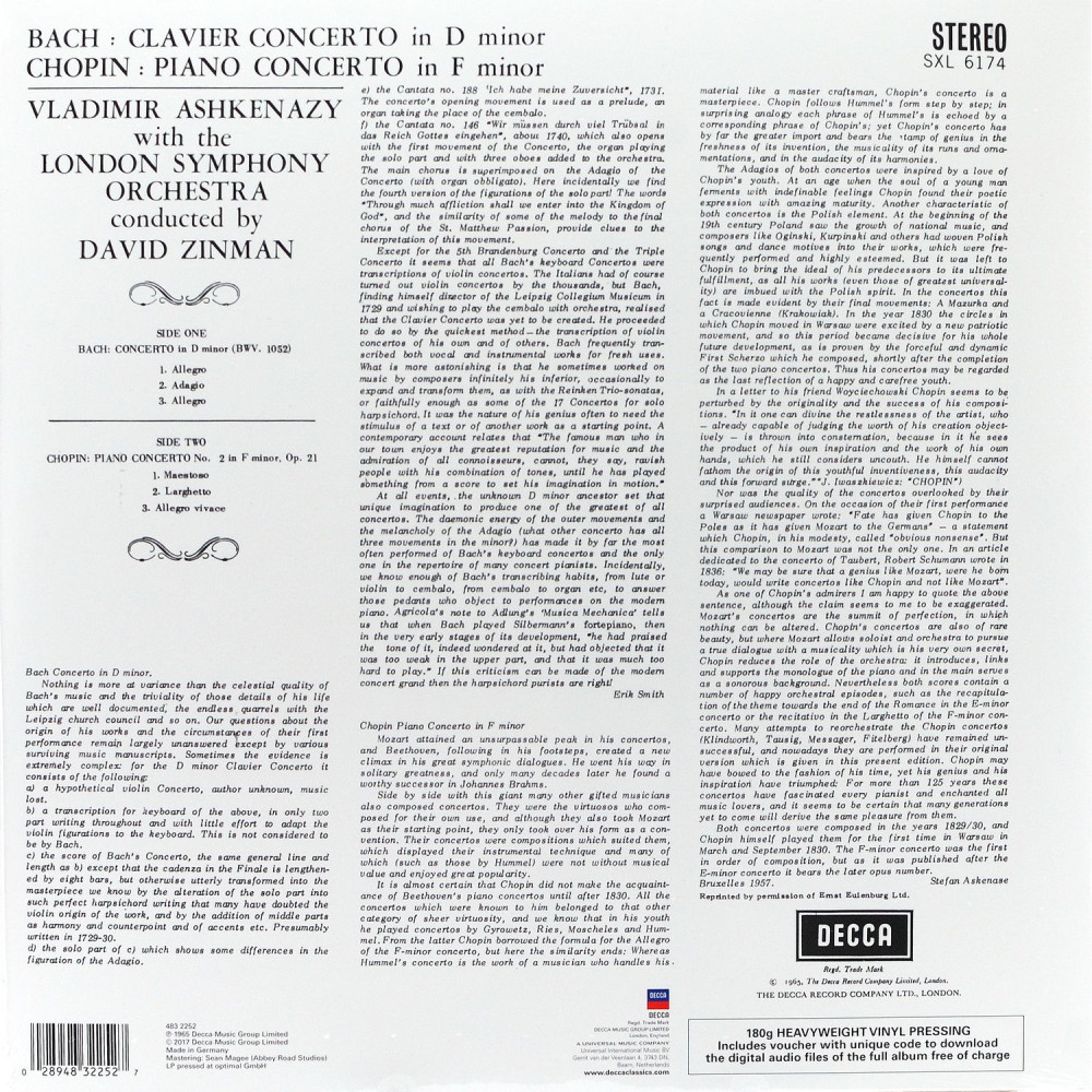 Chopin: Piano Concerto No.2; Bach: Keyboard Concerto In D Minor Vladimir Ashkenazy / London Symphony Orchestra / David Zinman (LP)