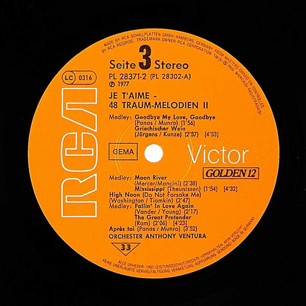 Anthony Ventura Und Sein Orchester ‎– Je T'Aime - 48 Traum-Melodien Vol. 2 (1St Press) (3LP)