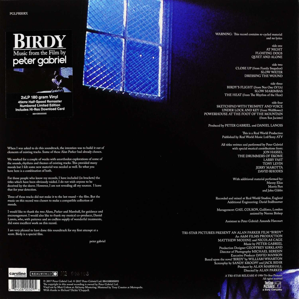 Peter Gabriel, Birdy (Music From The Film) (1984) (G/F) (180Gram Vinyl 45Rpm Half-Speed Remaster Numbered Limited Ed.) (2 LP)