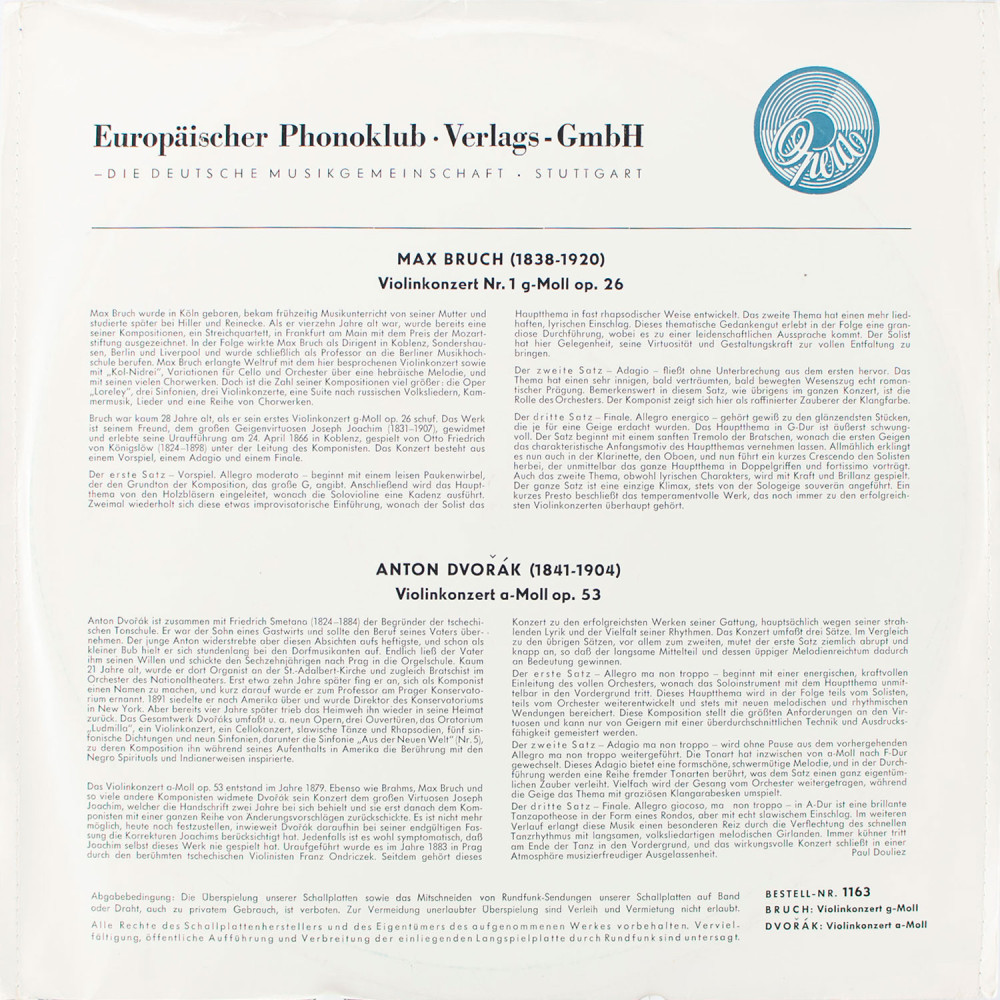 Bruch / Dvorak, Violinkonzert Nr.1 G-Moll Op,26, Violinkonzert A-Moll Op.53 (Berliner Symphoniker, Bronislaw Gimpel, Arthur Gruber, Hans Zanotelli) (LP)